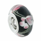 Pink _ White Flower on Black Murano Glass Bead